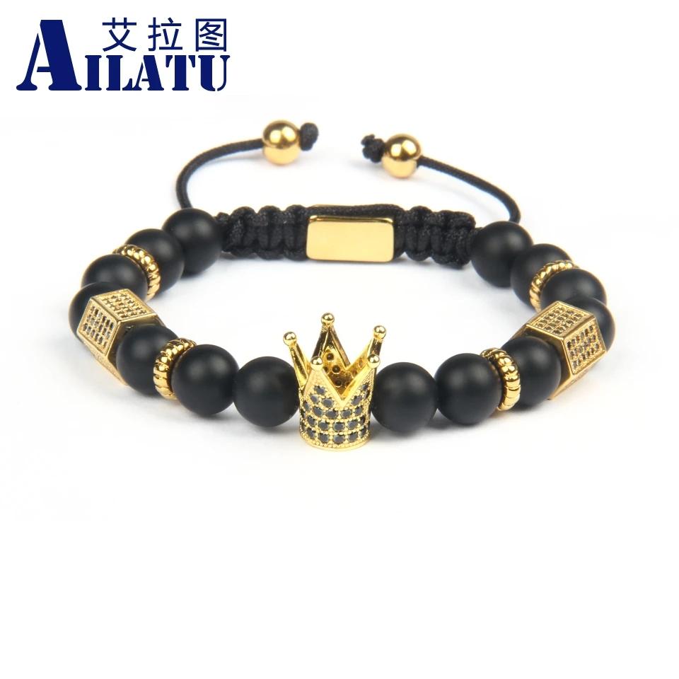 Ailatu Luxury Gold King Crown Charm Bracelet Men Stone Bead Braiding Pulseira Masculina Jewelry Stainless Steel Logo